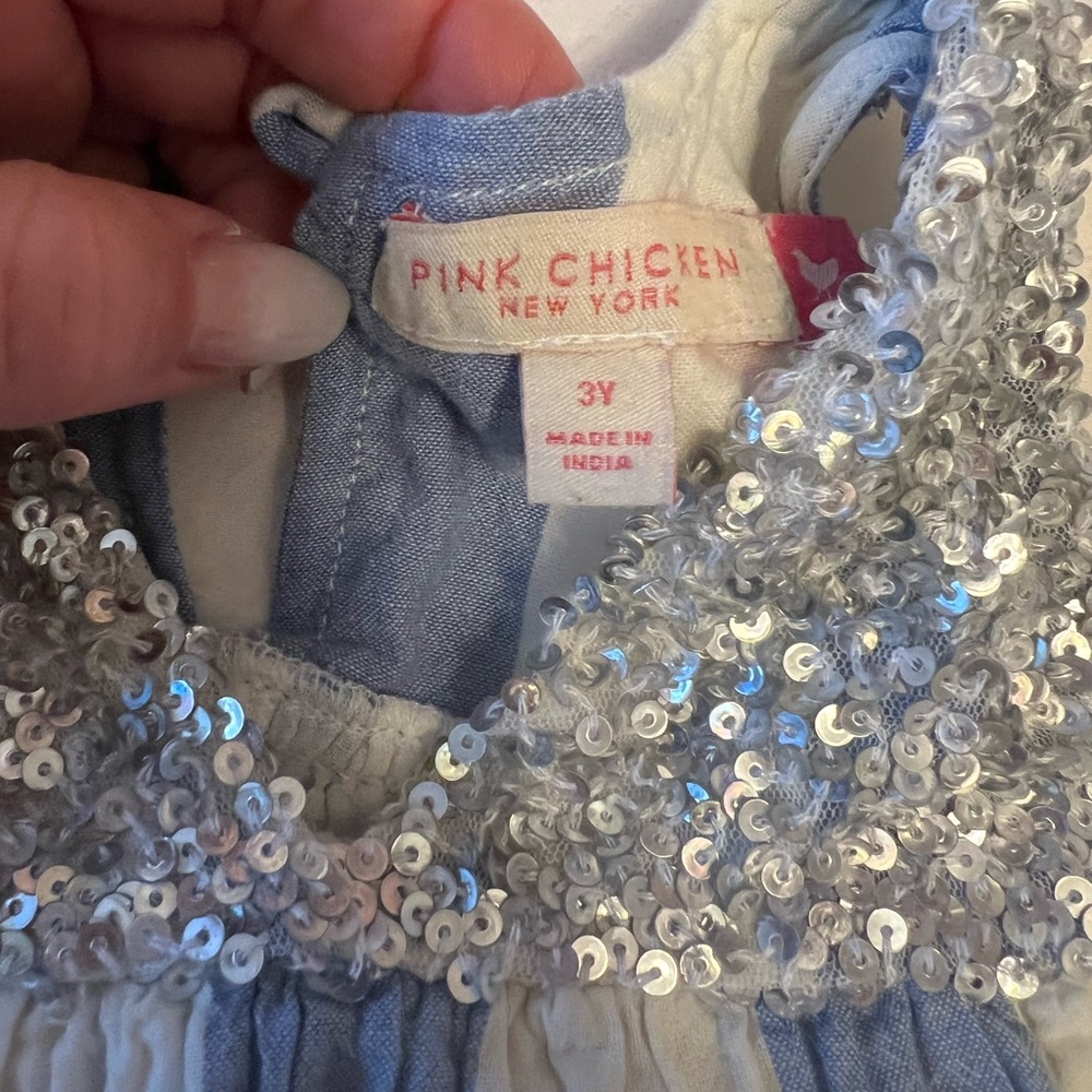 Pink Chicken Silver Sequin Dress with Blue & White Vertical Stripes - Size 3Y